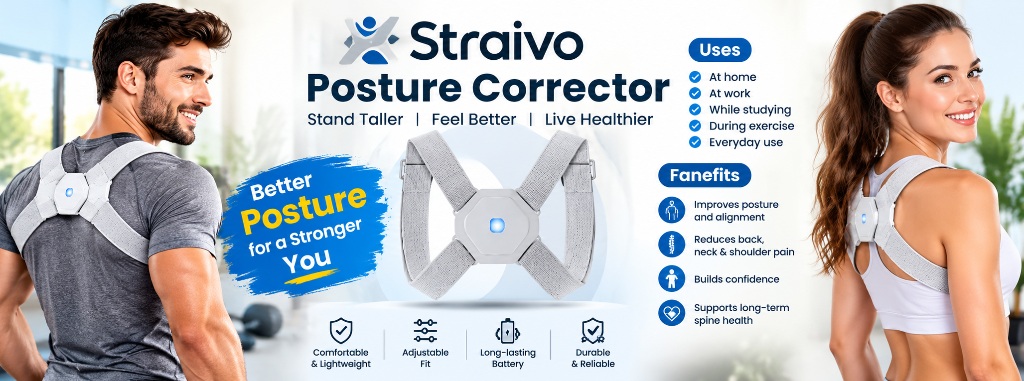 Straivo product banner with a man and woman wearing the adjustable posture corrector
